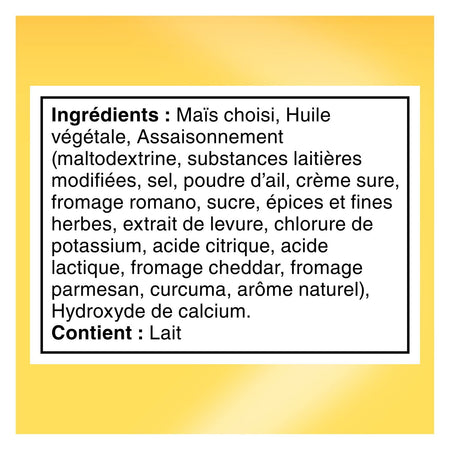 Ingredients list in French for Doritos Ultimate Garlic Parm Flavored Tortilla Chips, 69g on a yellow background