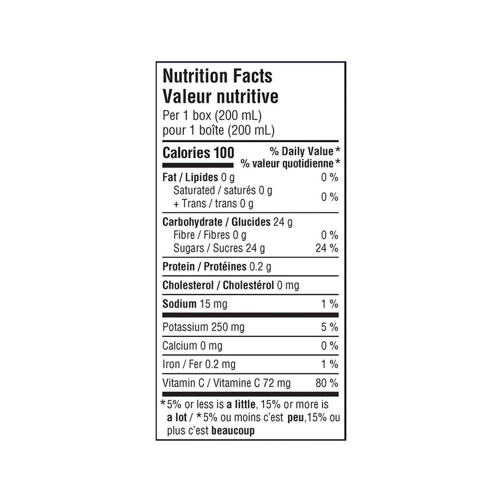 SunRype 100% Pure Apple Juice Boxes Perfect for On-The-Go, 5x200ml, 1L/33.8 fl. oz. - Nutrition Facts Label