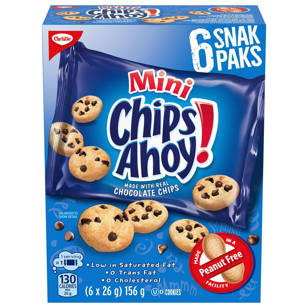 Front Box of Chips Ahoy! Mini Chocolate Chip Cookie Snack Packs - 156g/5.5 oz with a peanut free label on it on a white background