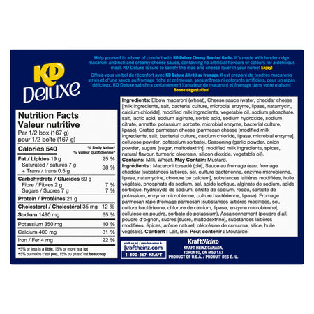 Nutrition facts label for KD Kraft Dinner Deluxe CHEESY ROASTED GARLIC Mac & Cheese, 333g on a blue background