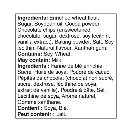 Ingredients label for Great Value Double Chocolate Muffin Mix, Makes 24 Muffins - 900g on a white background