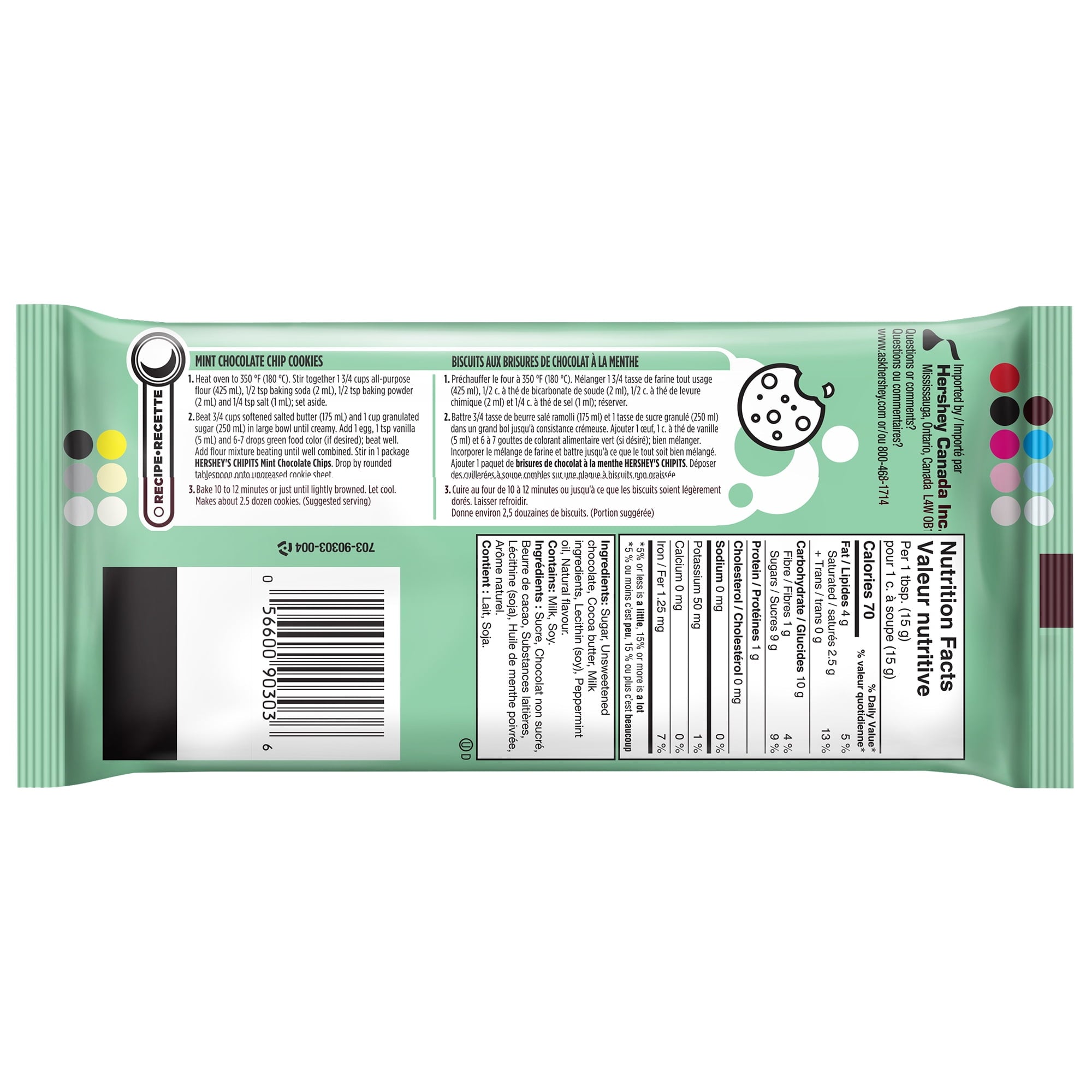 Back view of a HERSHEY'S Chipits Mint Chocolate Chips 200g package with text and barcodes on a white background
