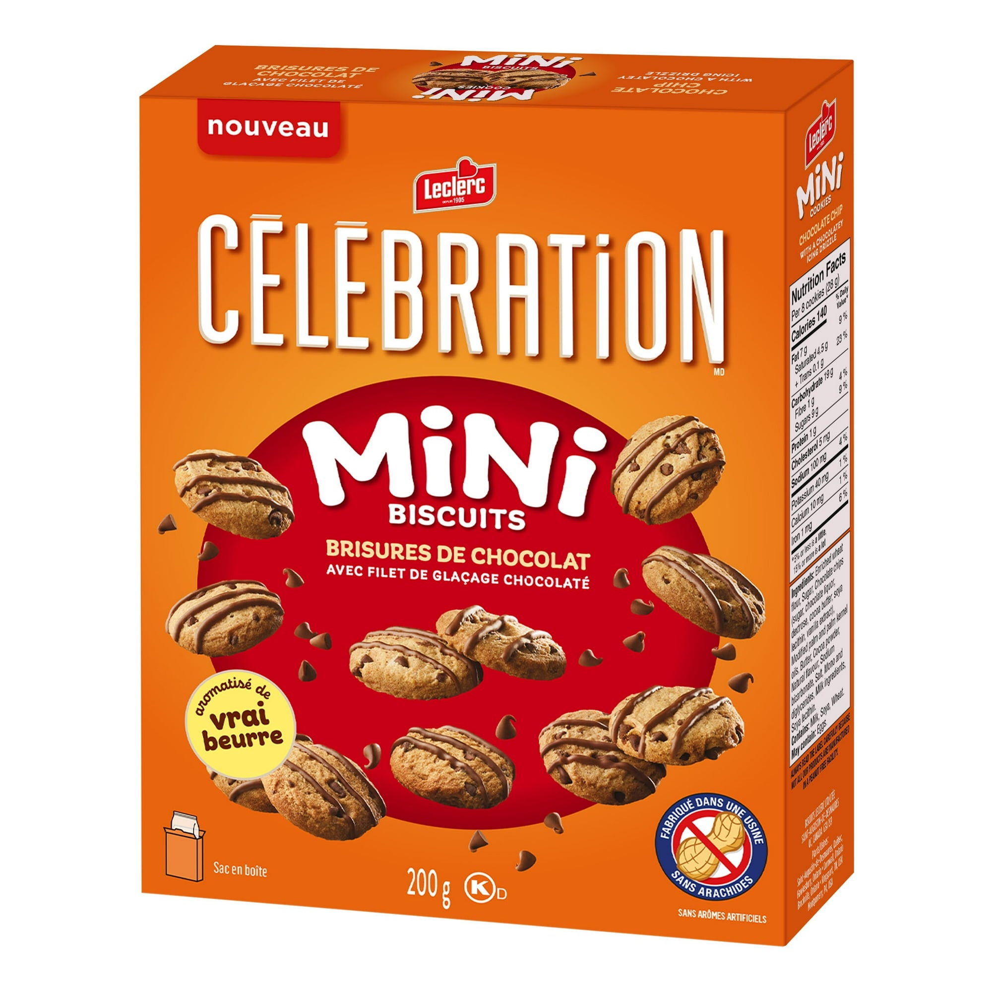Orange box of Leclerc Celebration Mini Biscuits with chocolate pieces on a white background