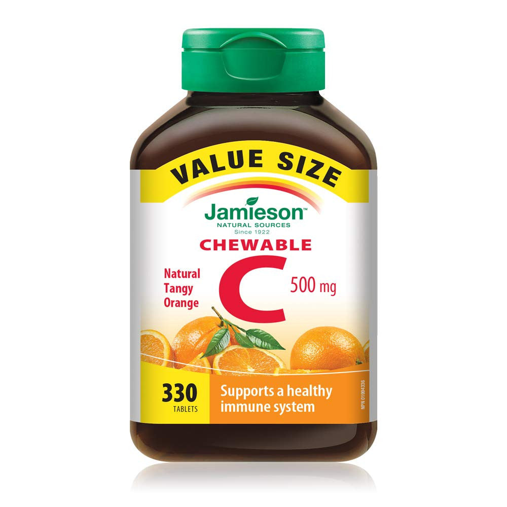 Jamieson Chewable Vitamin-C 500mg Value Supplement Pack(330 Count), Tangy Orange, {Imported from Canada}