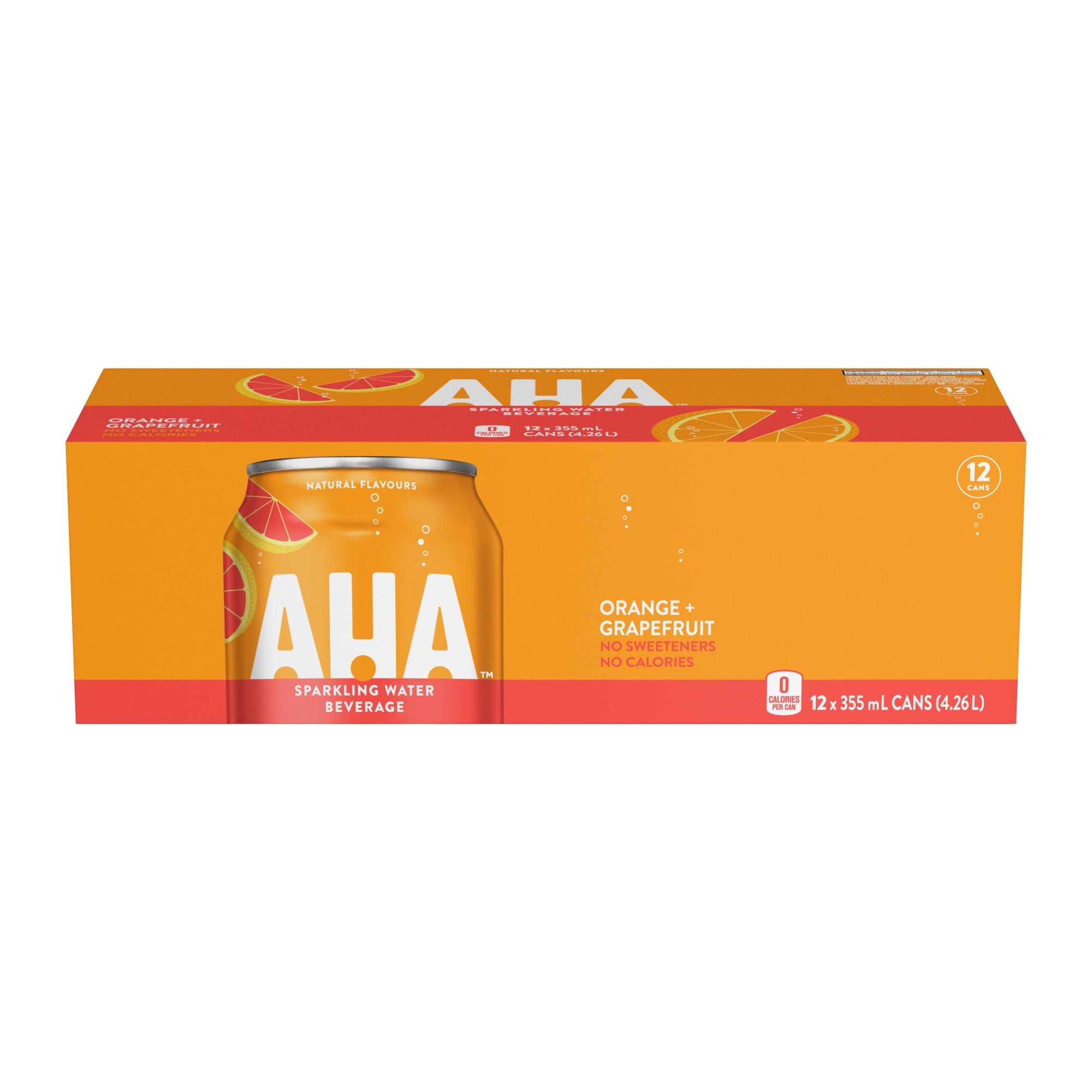 Box of AHA Orange Grapefruit sparkling water on a white background