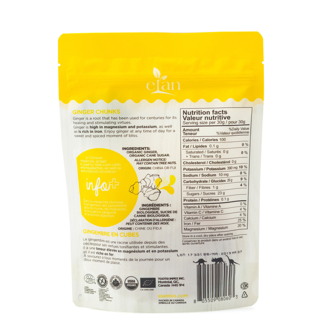 ELAN Organic Ginger Chunks, 175g/6.2oz., {Imported from Canada}