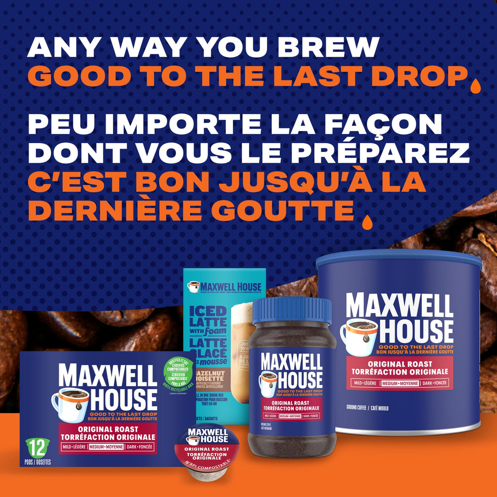 Maxwell House coffee products with promotional text on a blue and orange background