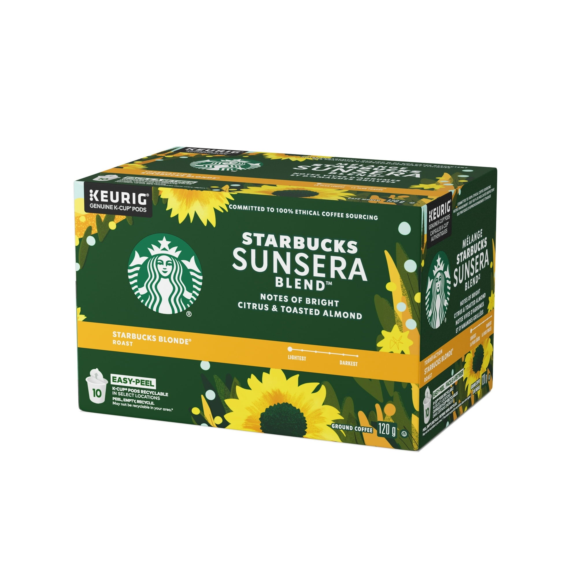 Box of Starbucks Sunsera Blend 100% Arabica Coffee, K-Cups, 120g/4.2 oz with sunflower design on a white background
