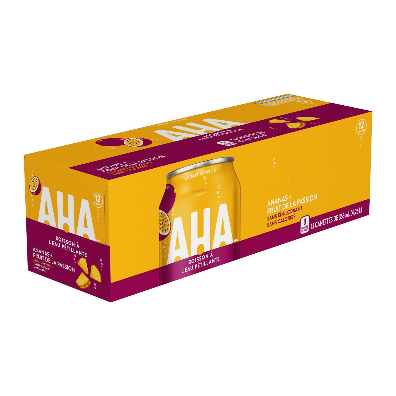 Box of AHA Sparkling Water Beverage, Pineapple & Passionfruit Flavor, Unsweetened, 12x355ml with yellow and purple design on a white background