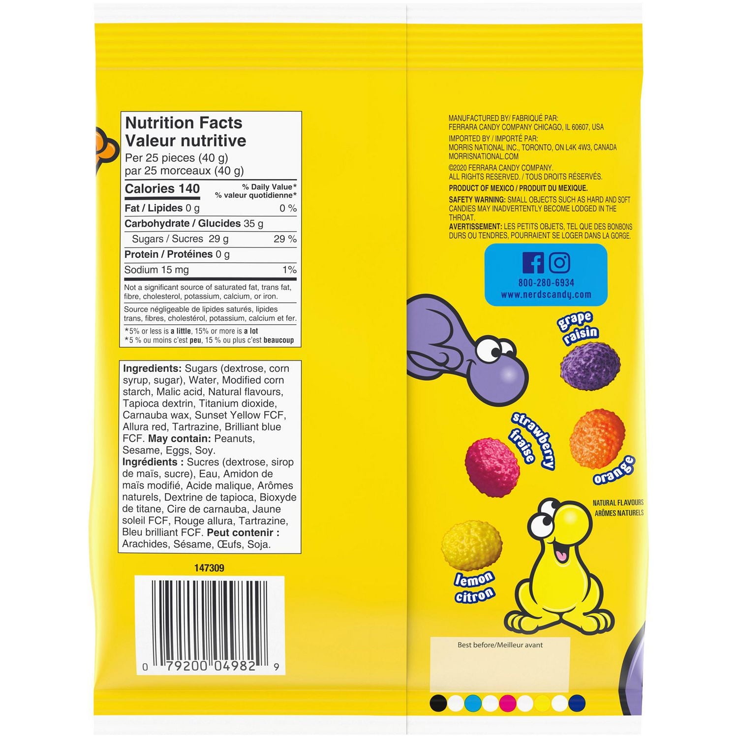 Nerds Big Chewy Candy, 170g, back of bag.