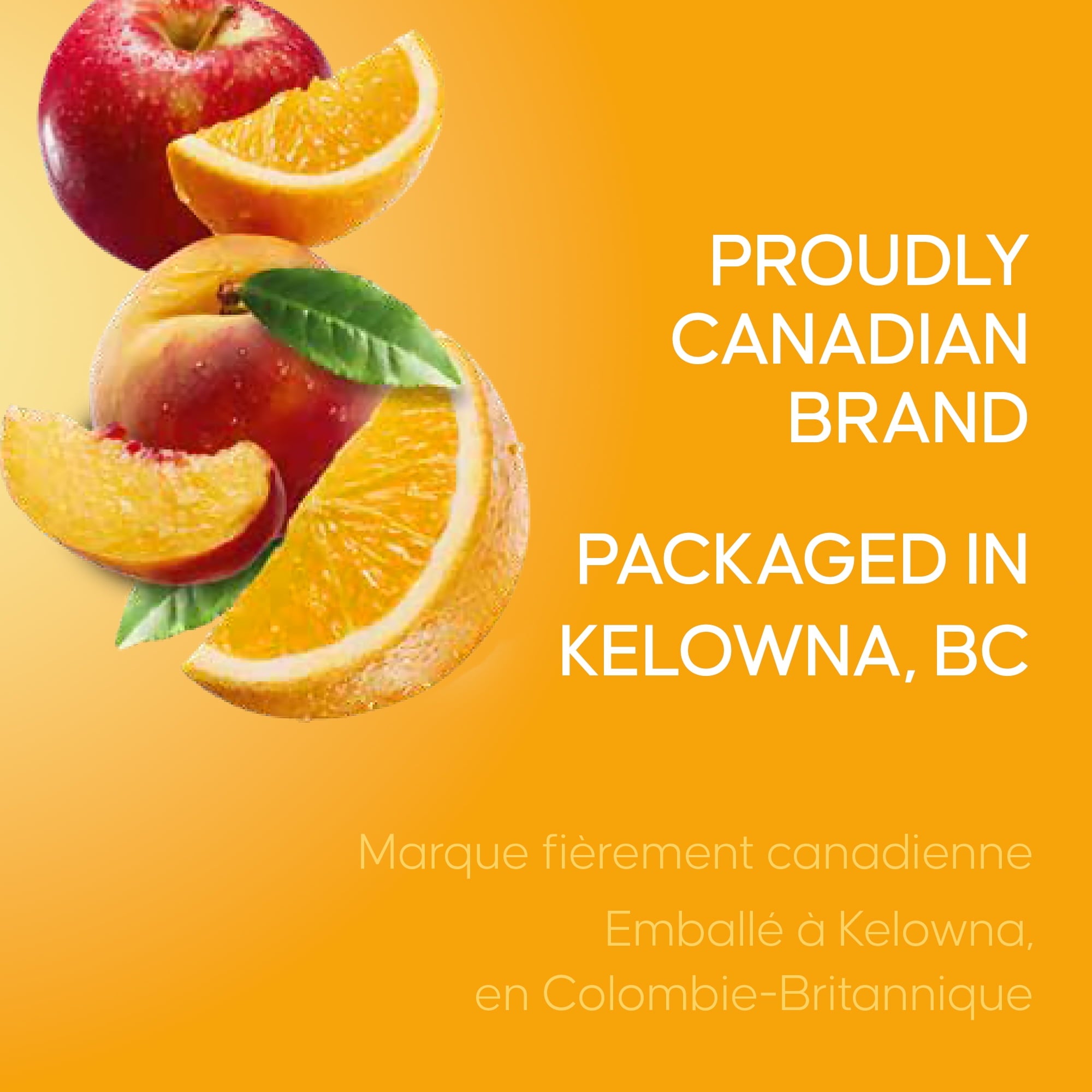 SunRype Fruit Juice, Apple Orange Peach, Proudly Canadian Brand label