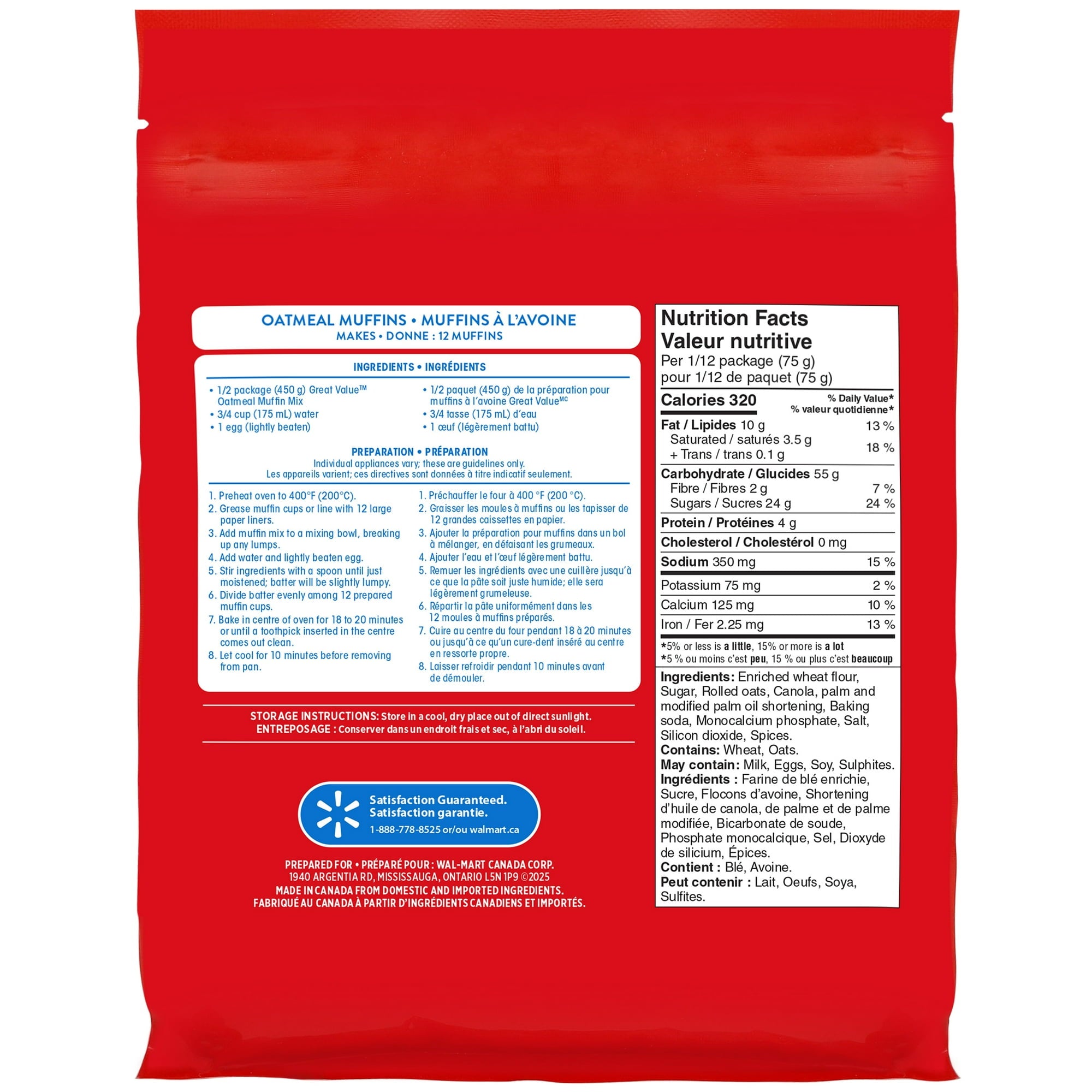 Red package of Great Value Oatmeal Muffin Mix, Makes 24 Muffins - 900g with nutrition facts label on a white background