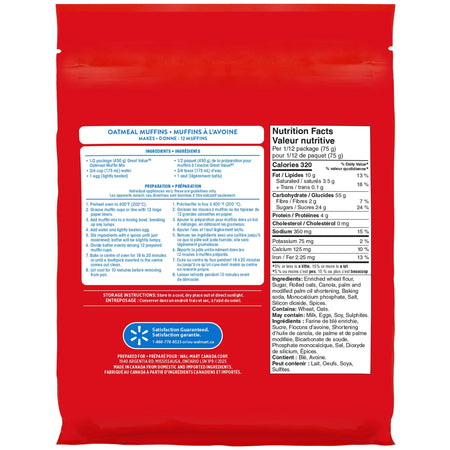 Red package of Great Value Oatmeal Muffin Mix, Makes 24 Muffins - 900g with nutrition facts label on a white background