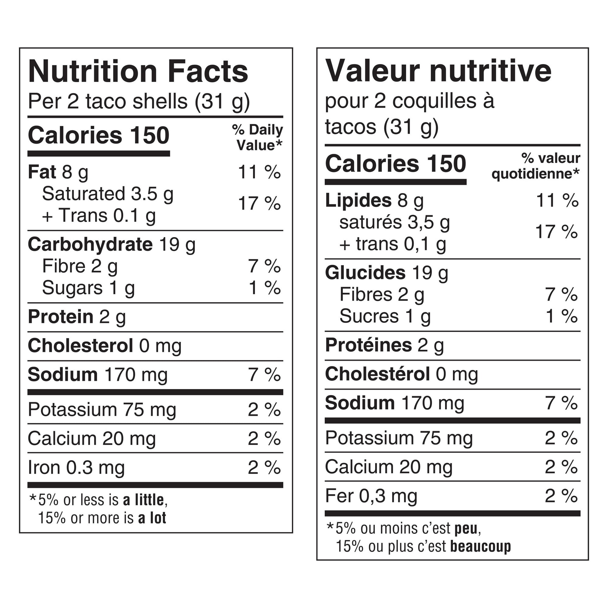 Nutrition facts label for Old El Paso Gluten Free Bold Nacho Cheese Taco Shells in both English and French.
