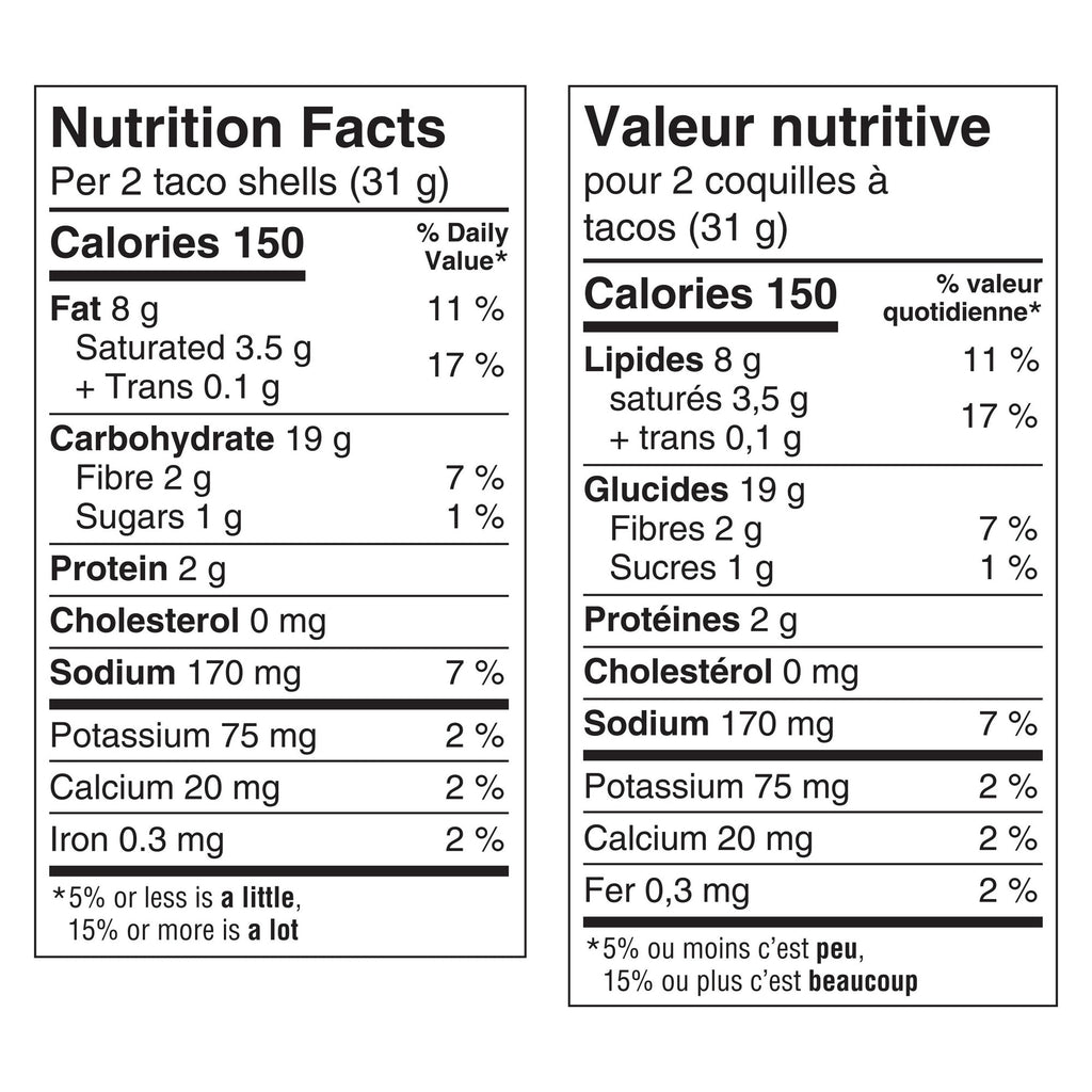Nutrition facts label for Old El Paso Gluten Free Bold Nacho Cheese Taco Shells in both English and French.