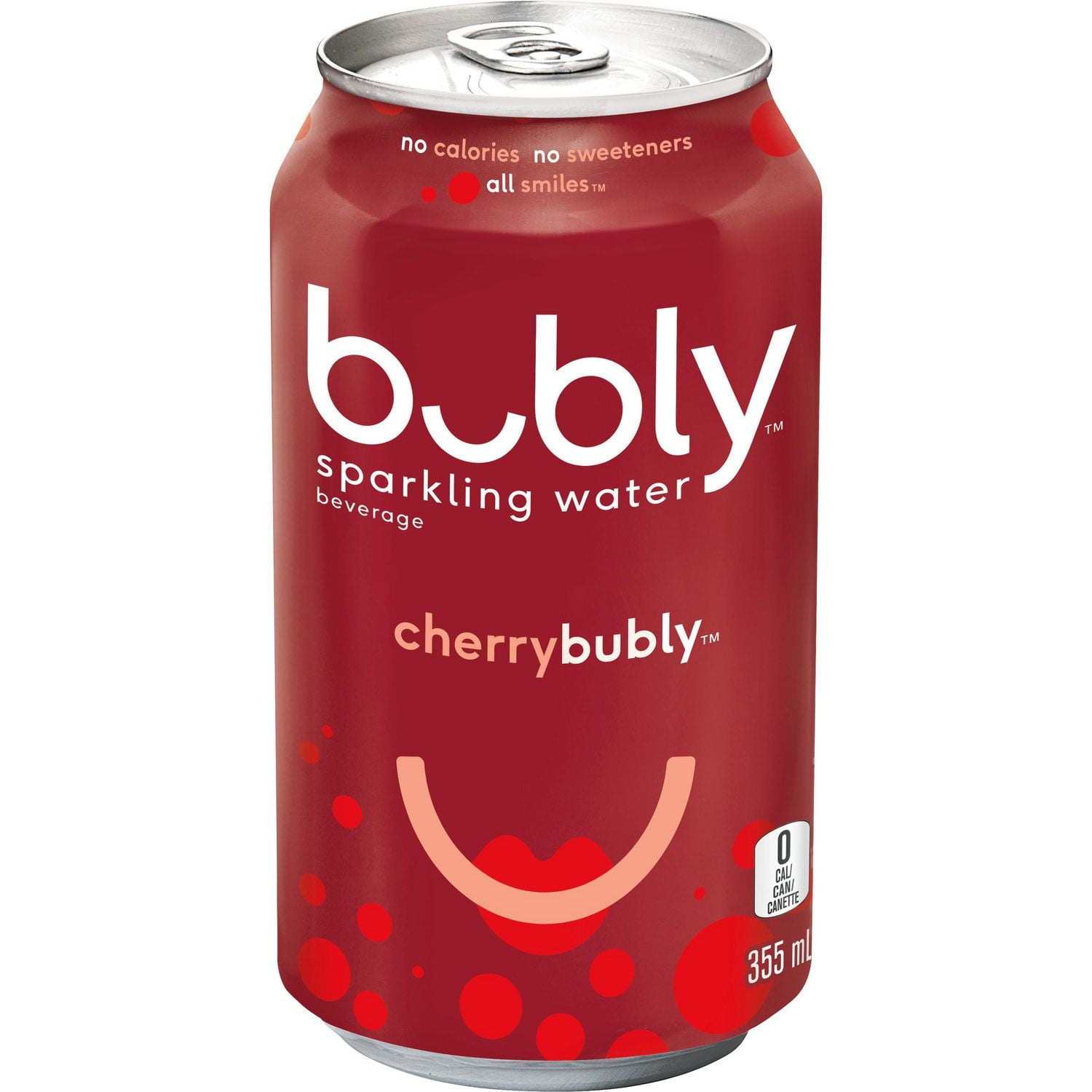 Bubly Cherry Sparkling Water Beverage, 12x355ml cans, 4.26L/144 oz., front of one can.