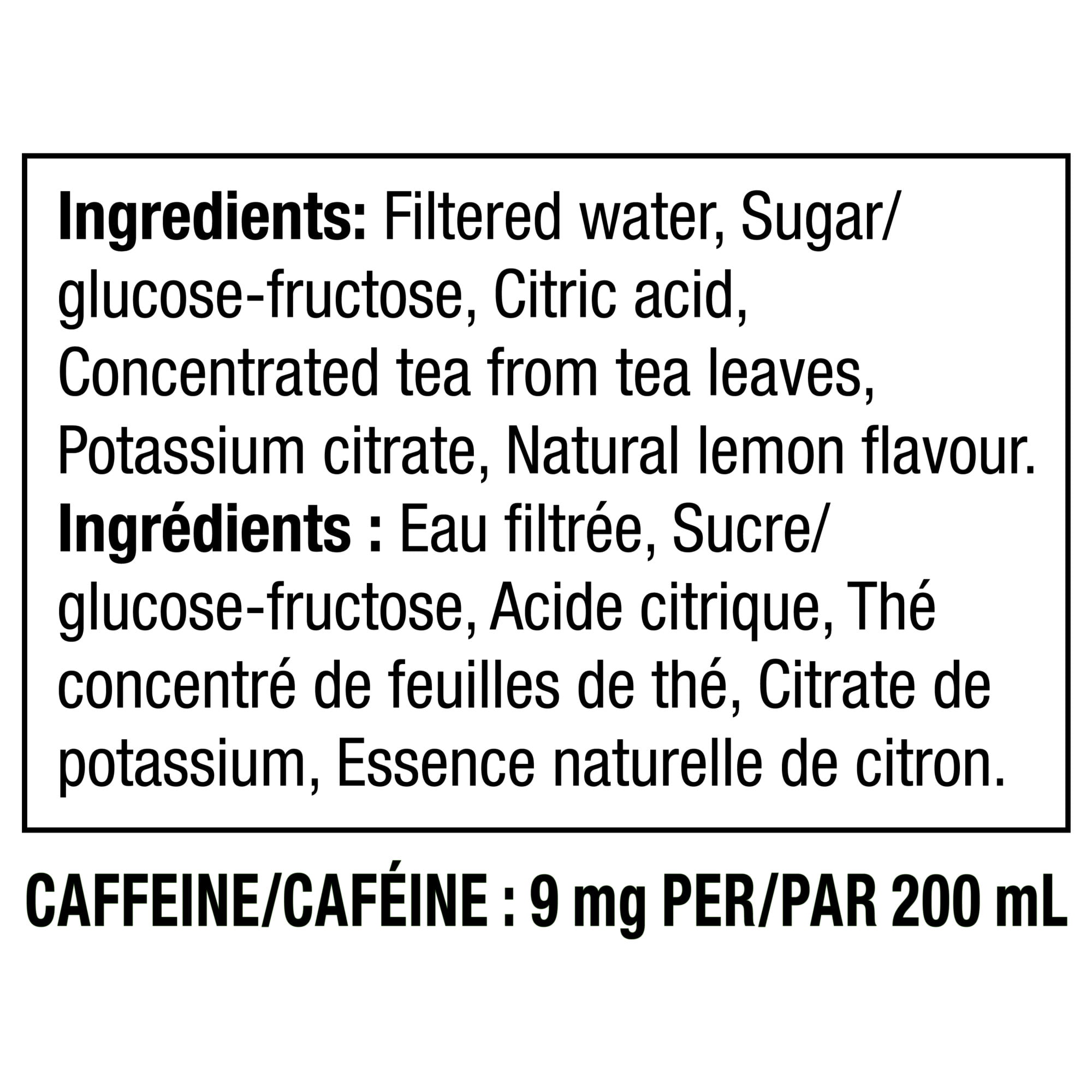 Ingredients list and caffeine content label for Fuze Iced Tea Juice Boxes, 10x200ml, 2L/70.5 fl oz on a white background