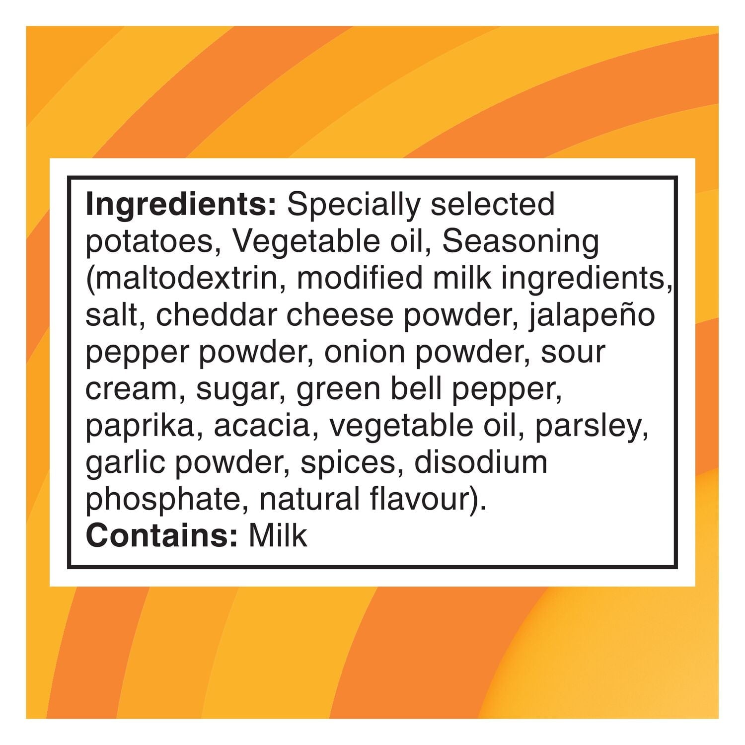 Ingredients list for Lay's Cheddar Jalapeno Potato Chips 220g/7.7 oz on a label with an orange and yellow striped border