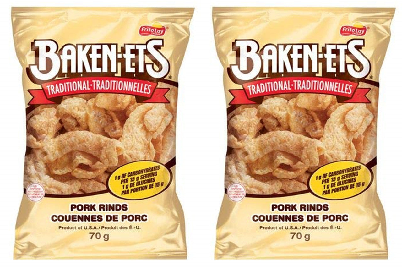 Baken-ets Bacon Flavoured Traditional Smoked Pork Rinds, (Pack of 2) 70g/2.5oz bags (Imported from Canada)