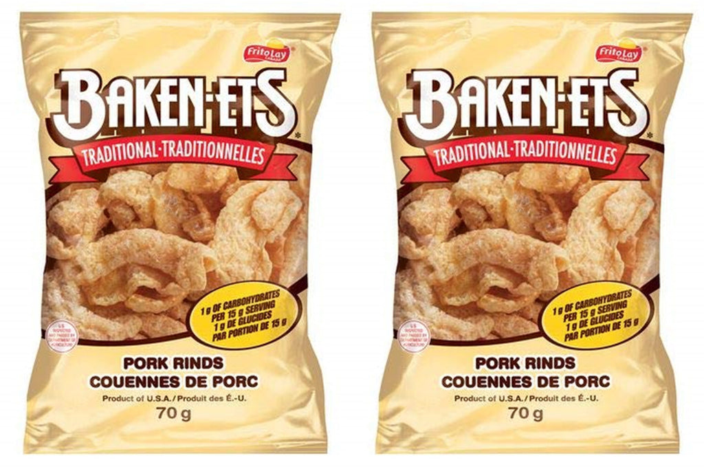 Baken-ets Bacon Flavoured Traditional Smoked Pork Rinds, (Pack of 2) 70g/2.5oz bags (Imported from Canada)