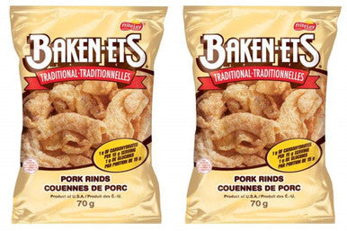 Baken-ets Bacon Flavoured Traditional Smoked Pork Rinds, (Pack of 2) 70g/2.5oz bags (Imported from Canada)