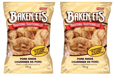 Baken-ets Bacon Flavoured Traditional Smoked Pork Rinds, (Pack of 2) 70g/2.5oz bags (Imported from Canada)