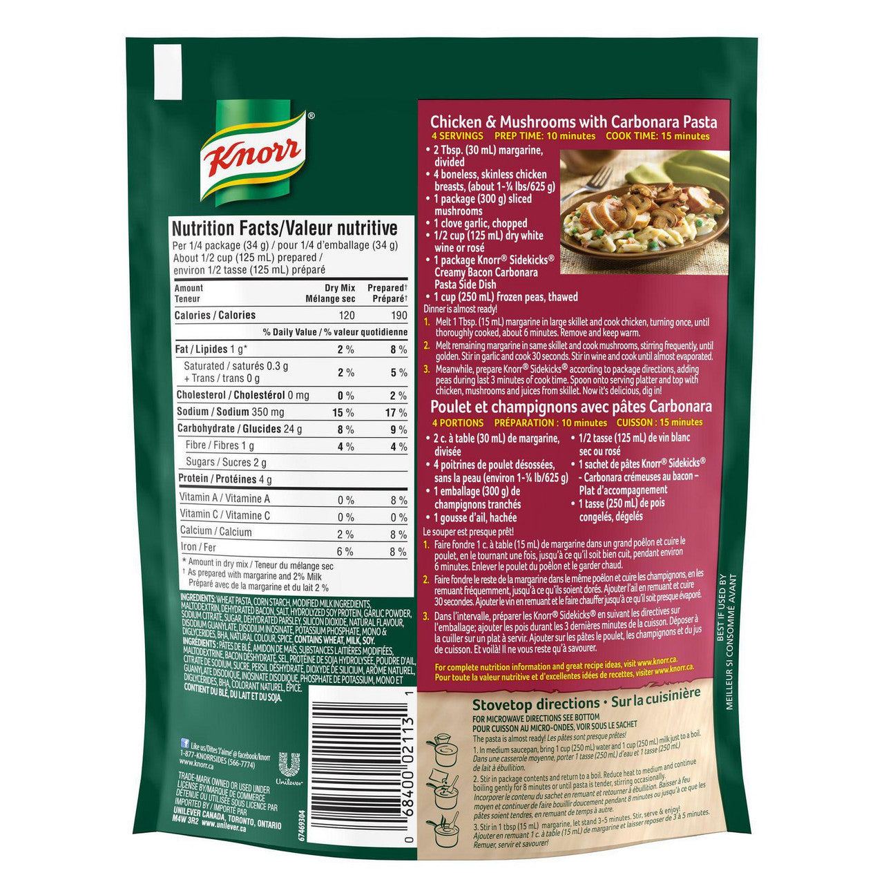 Knorr Sidekicks Creamy Bacon Carbonara Pasta 134g - {Imported from Canada}