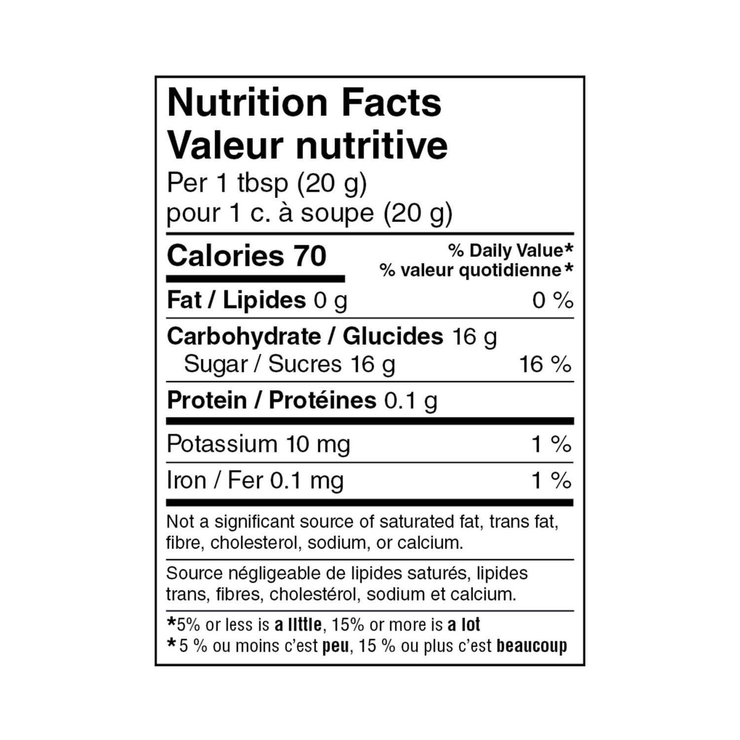 Great Value Pure Creamed Honey, 1kg/35.3 oz., Tub, nutrition facts label.