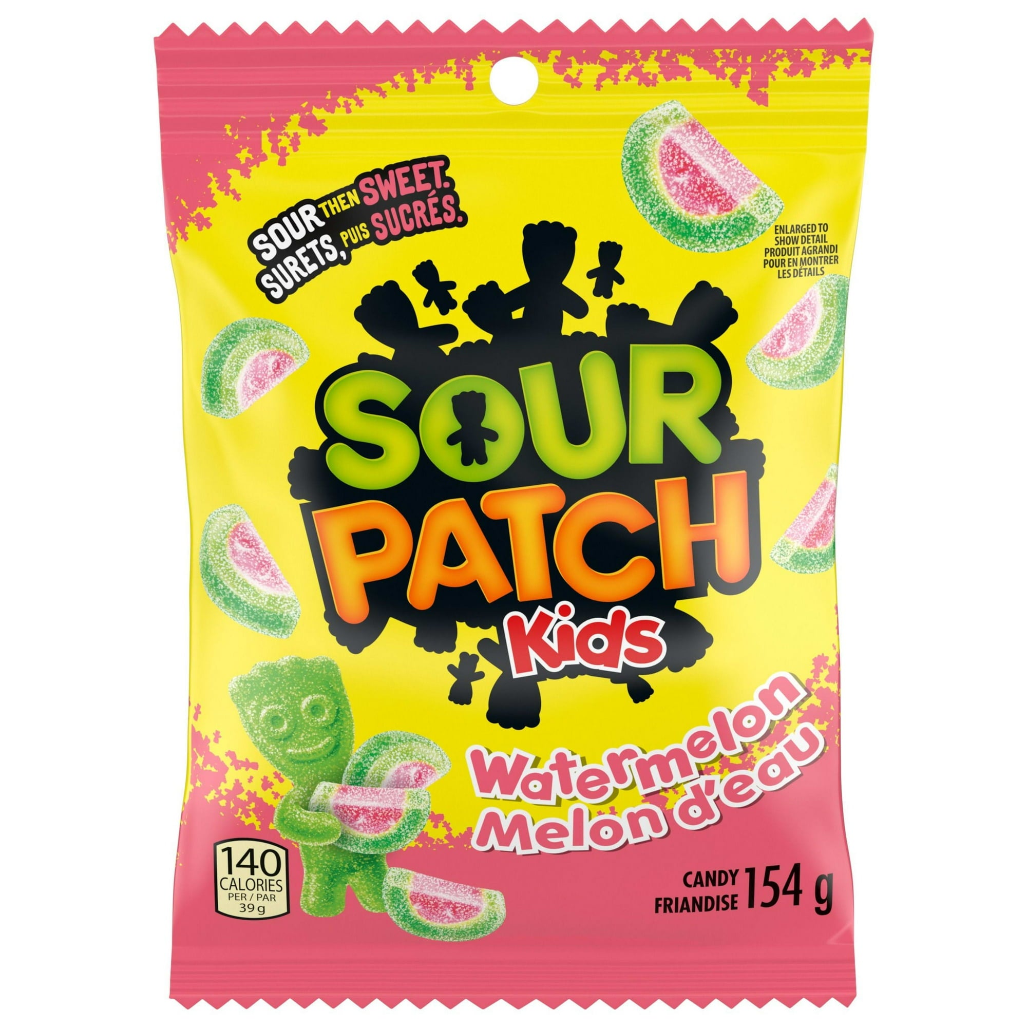 Sour Patch Kids watermelon candy package with yellow and pink design