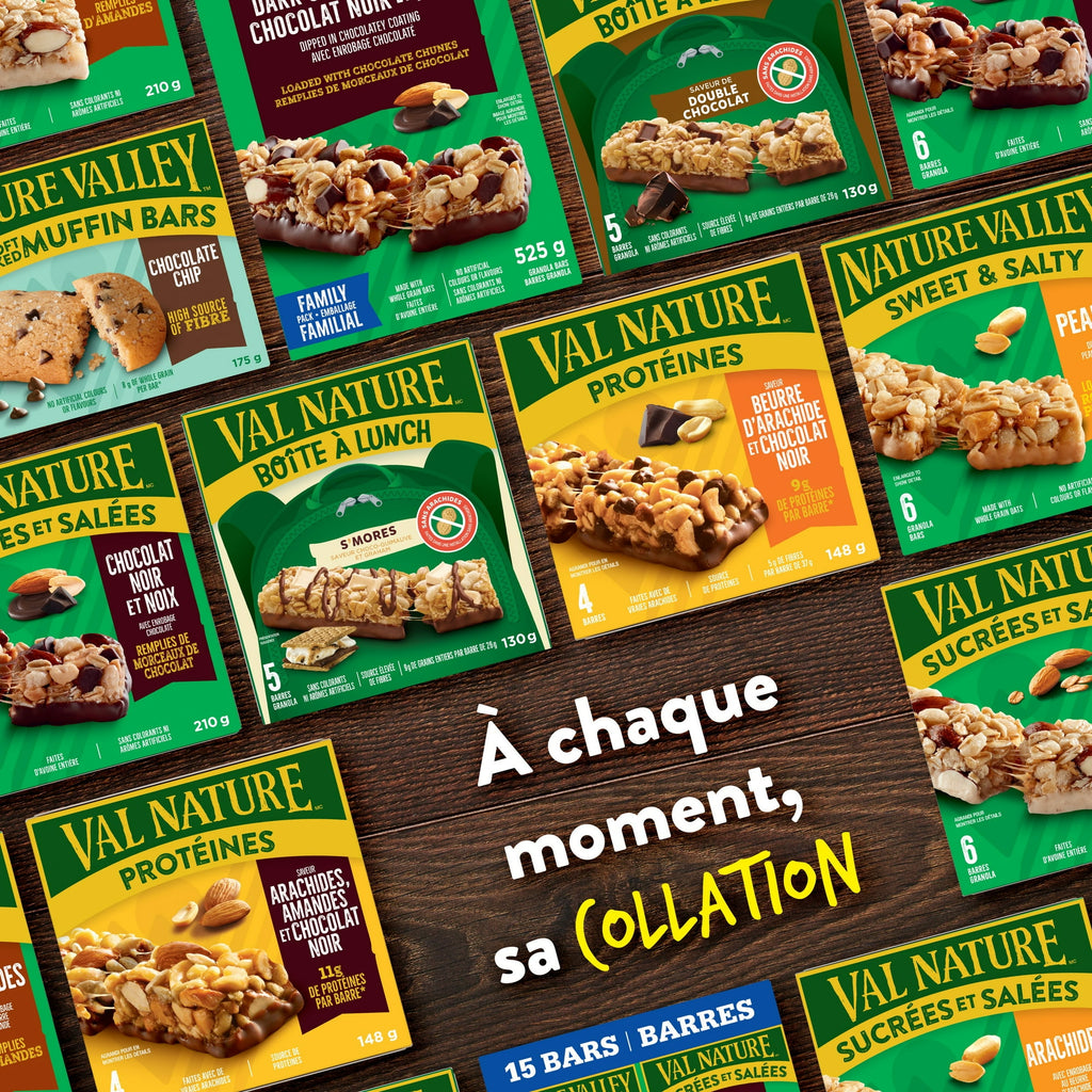 Various Nature Valley and Val Nature snack bars on a wooden surface with text overlay.