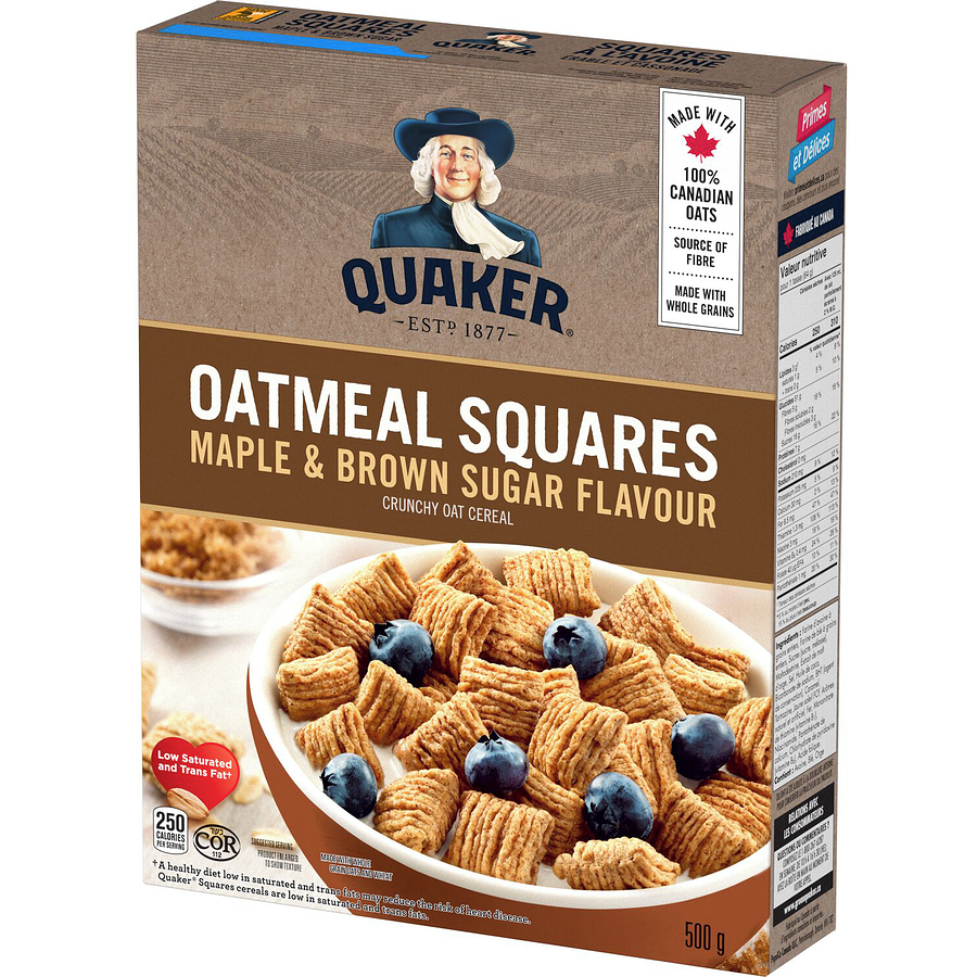 Quaker, Oatmeal Squares, Maple & Brown Sugar Flavor, Crunchy Oat Cereal, 500g/17.6oz. Box