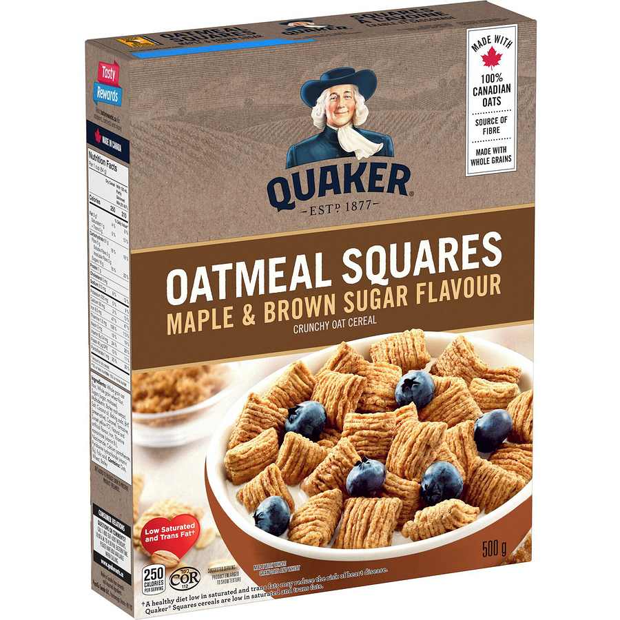 Quaker, Oatmeal Squares, Maple & Brown Sugar Flavor, Crunchy Oat Cereal, 500g/17.6oz. Box