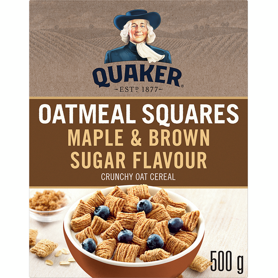 Quaker, Oatmeal Squares, Maple & Brown Sugar Flavor, Crunchy Oat Cereal, 500g/17.6oz. Box