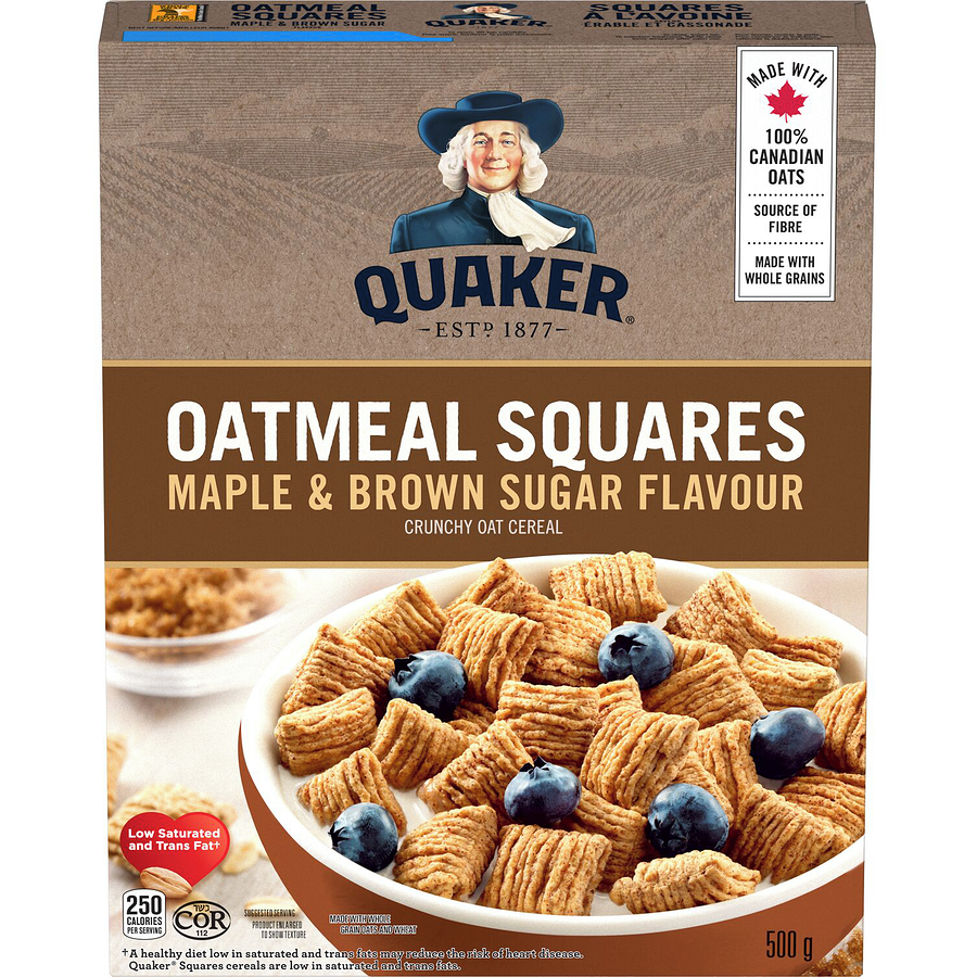 Quaker, Oatmeal Squares, Maple & Brown Sugar Flavor, Crunchy Oat Cereal, 500g/17.6oz. Box