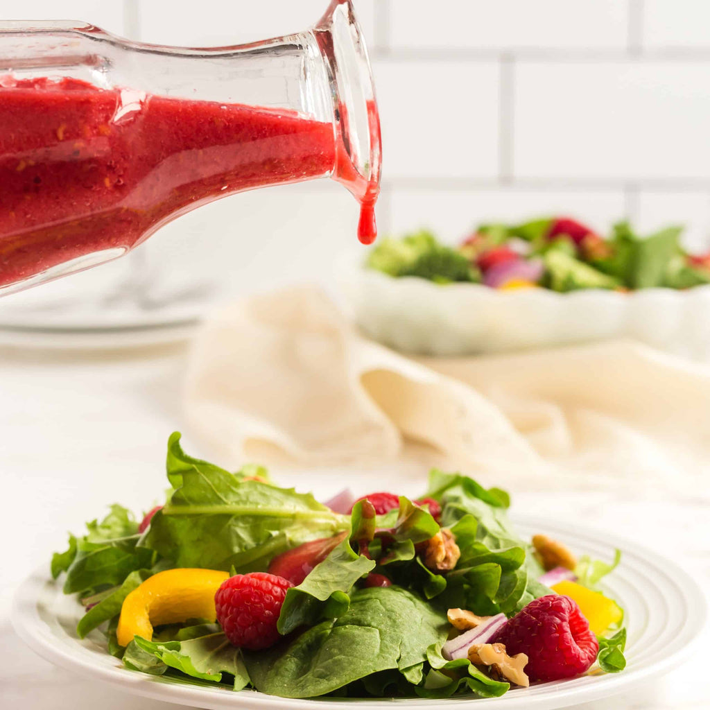 Kraft Raspberry Vinaigrette Dressing on a salad