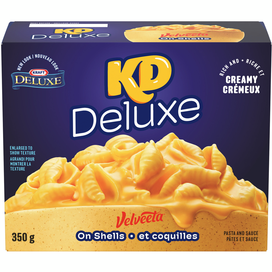 KD Kraft Dinner Deluxe Velveeta On Shells, Rich And Creamy Mac & Cheese, 350g/12.3 oz., front of box.