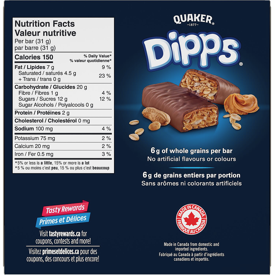 Quaker Dipps Peanut Butter Granola Bars, 5 Bars, 156g/5.5 oz. Box