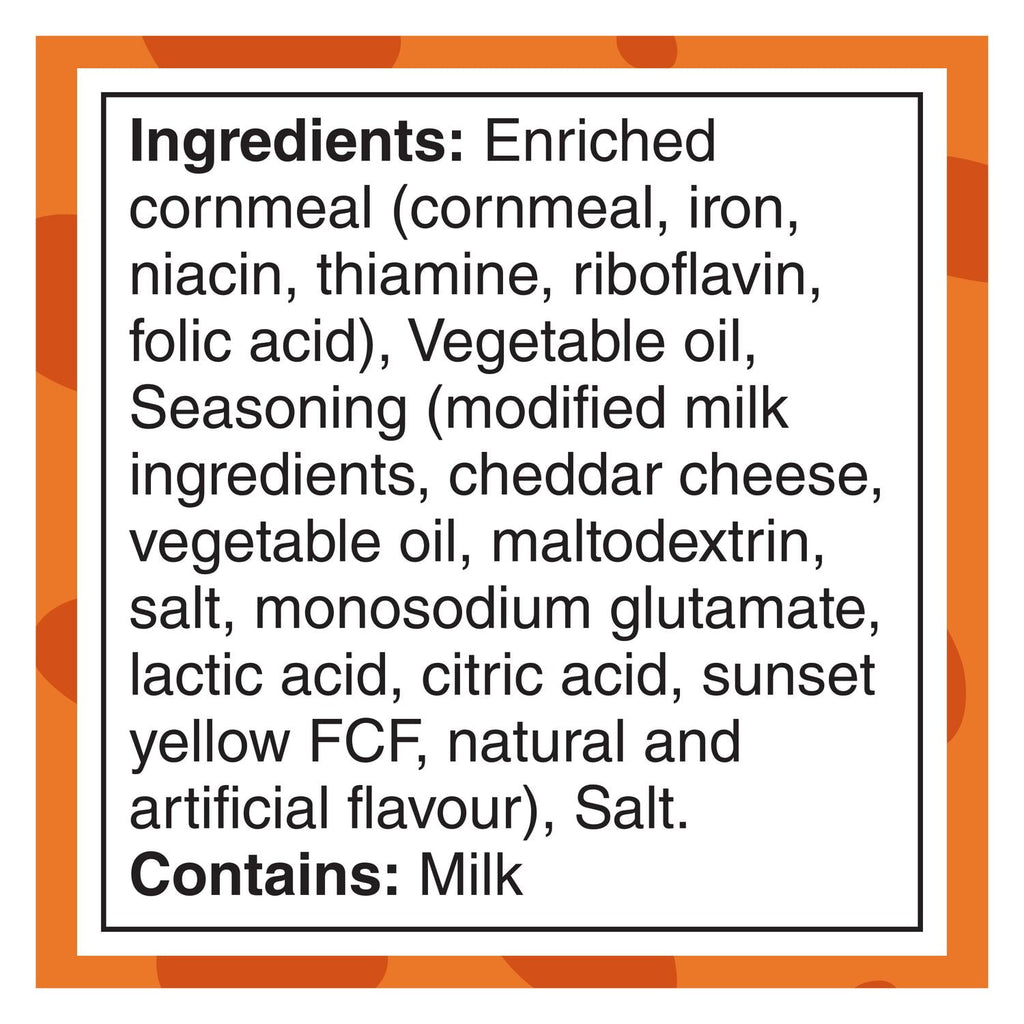 Cheetos Minis Cheddar Cheese Flavored Snacks, 102g, ingredients label.