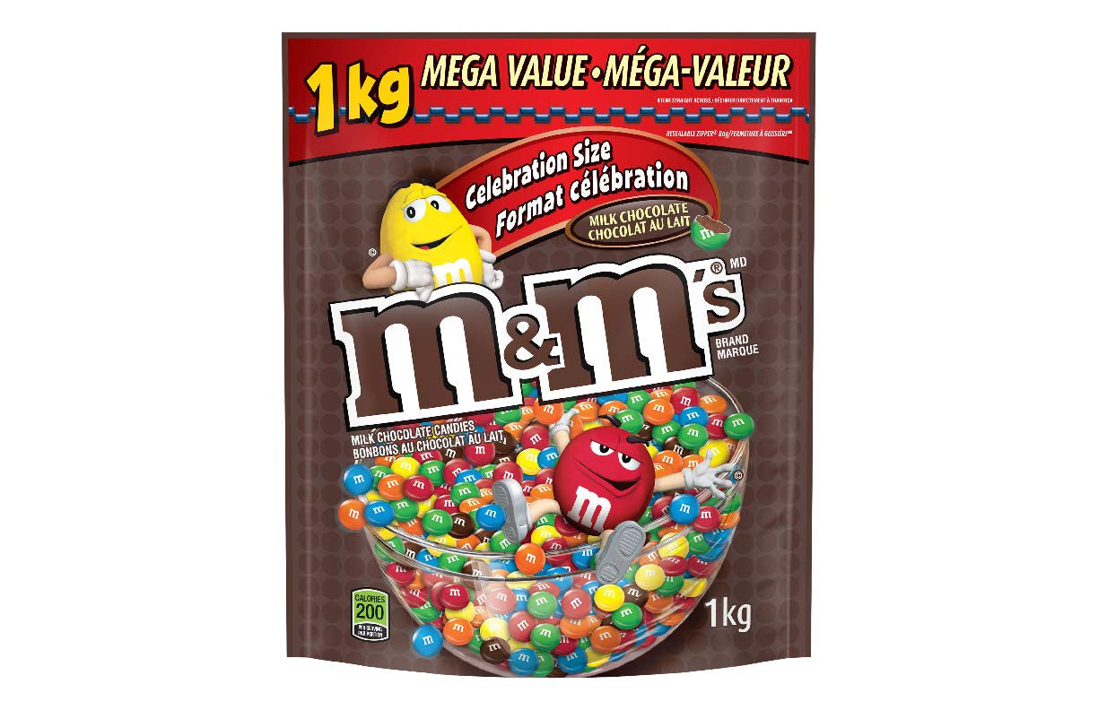 M&M's Milk Chocolate Candies, Celebration Size, Stand up Pouch, 1kg/35.27oz, (Imported from Canada)