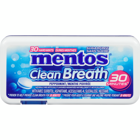 Mentos Clean Breath Mints, Peppermint, 30pc/12 Pack, front of one pack.