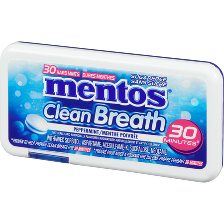 Mentos Clean Breath Mints, Peppermint, 30pc/12 Pack, front of one pack.