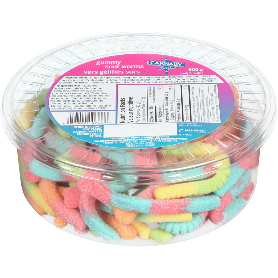 Carnaby Sweet Gummy Sour Worms, 500g/17.5 oz, Tub {Imported from Canada}