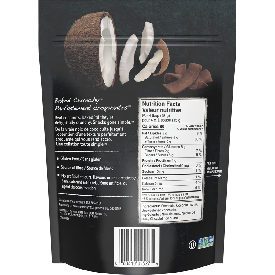 Bare Baked Crunchy Chocolate Coconut Chips, 79g/2.76 oz. Bag