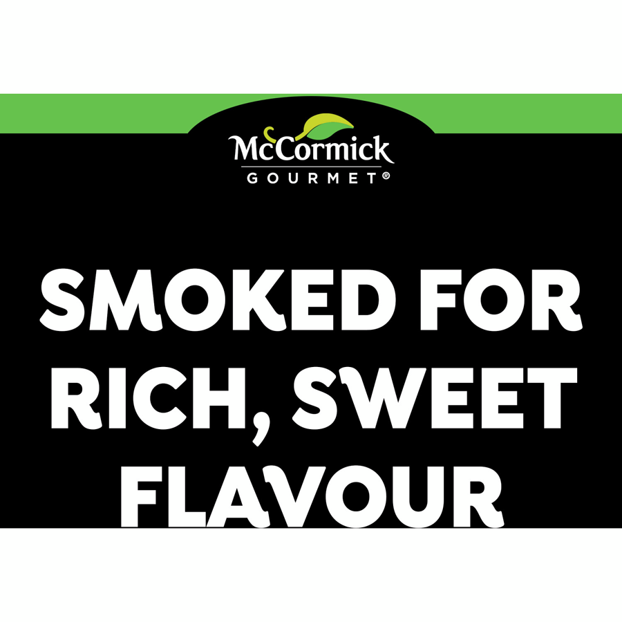 McCormick Gourmet label with text 'Smoked for rich, sweet flavour' on a black background