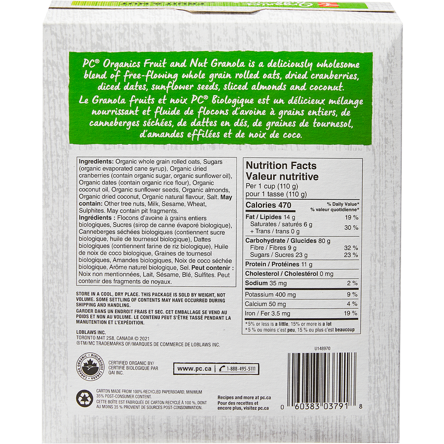 President's Choice Organics Fruit & Nut Granola, 325g/11.3 oz. Box {Imported from Canada}