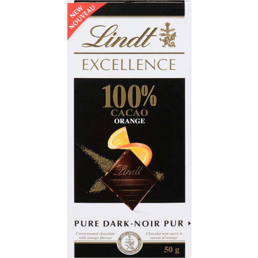 Lindt Excellence Orange 100% Cacao Pure Dark Chocolate Bar, 100g/3.5 oz. {Imported from Canada}
