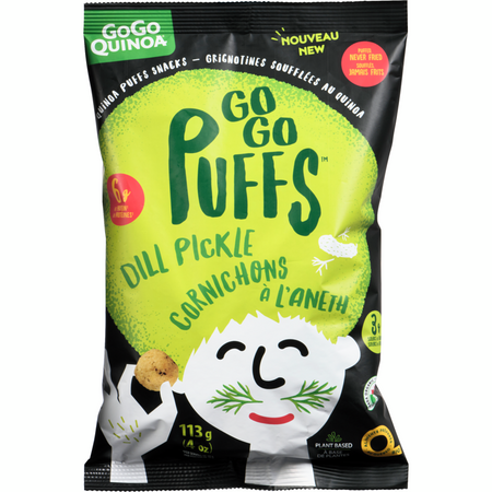 GoGo Quinoa Puffs, Dill Pickle Puffs Snacks, 113g/4 oz. Bag {Imported from Canada}