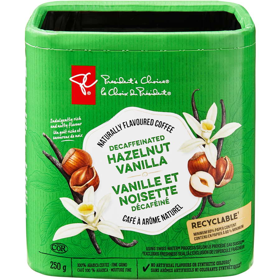 President's Choice Naturally Flavoured Decaffeinated Hazelnut Vanilla Coffee, 250g/8.75 oz. Box {Imported from Canada}