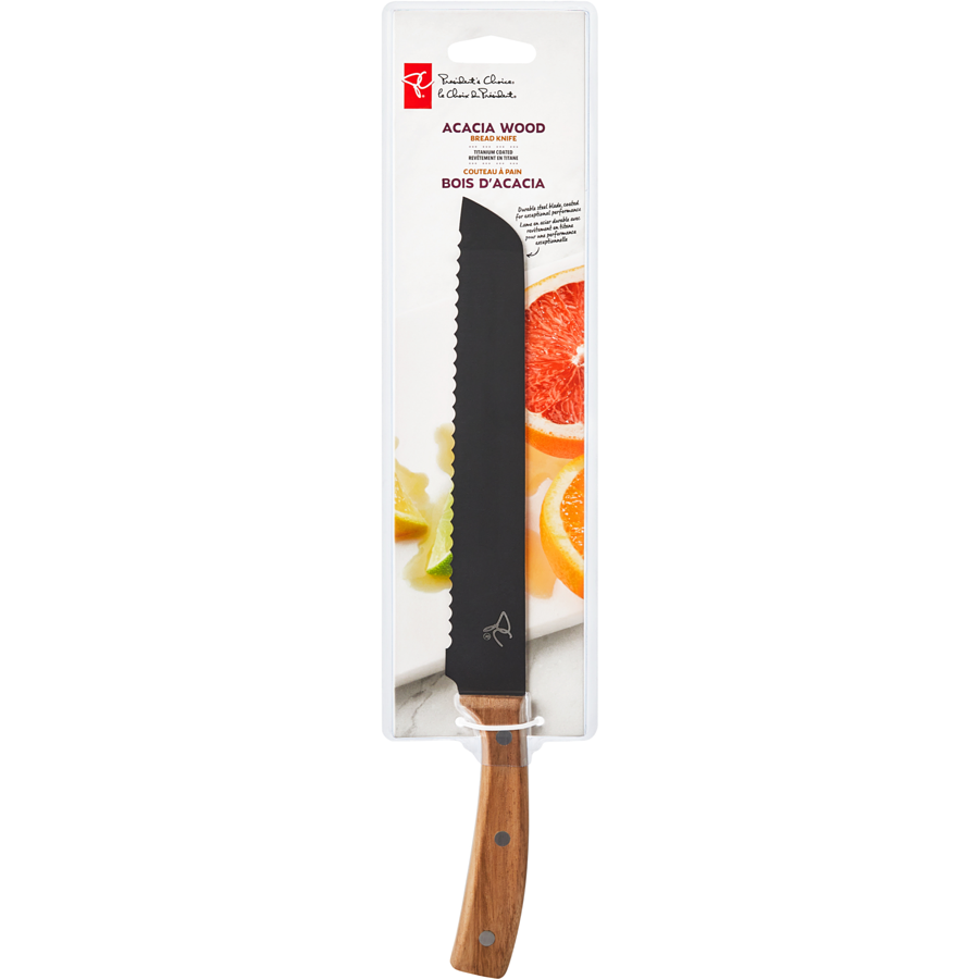 Presidents Choice Acacia Wood Bread Knife, German Steel Blade with Titanium non-stick coating {Imported from Canada}