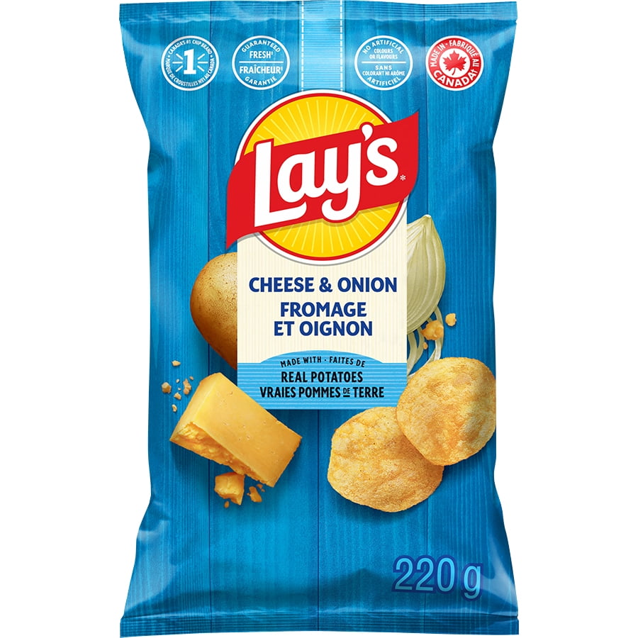Lay's Cheese & Onion potato chips 220g packaging on a white background